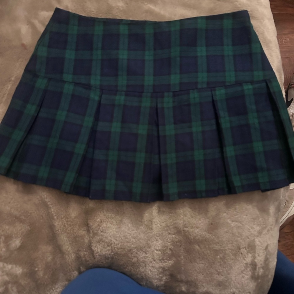 navy and green plaid pleated  mini skirt